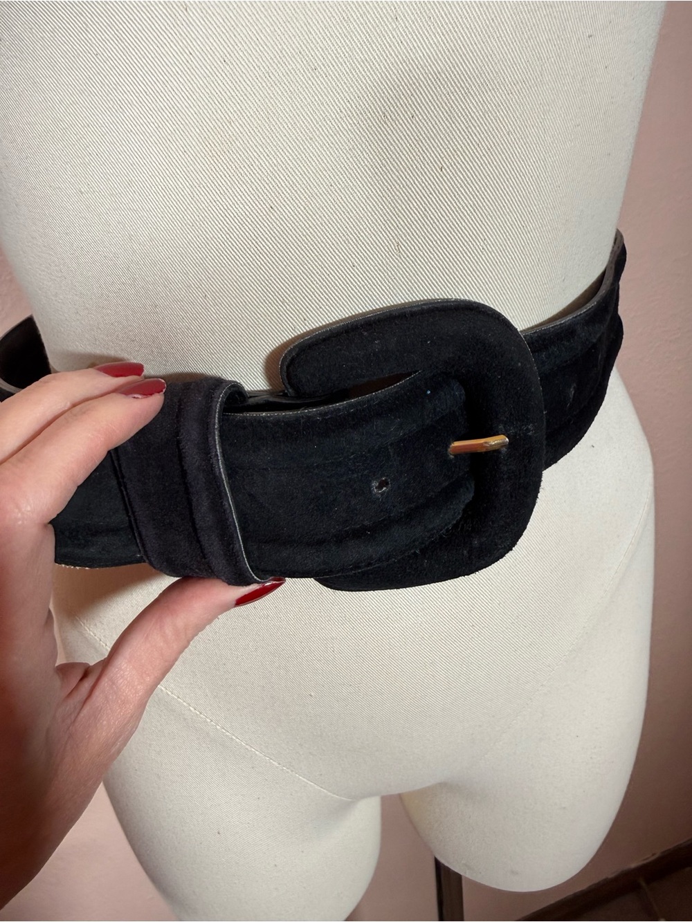 Vintage 1990’s Black leather suede covered buckle extra wide belt small